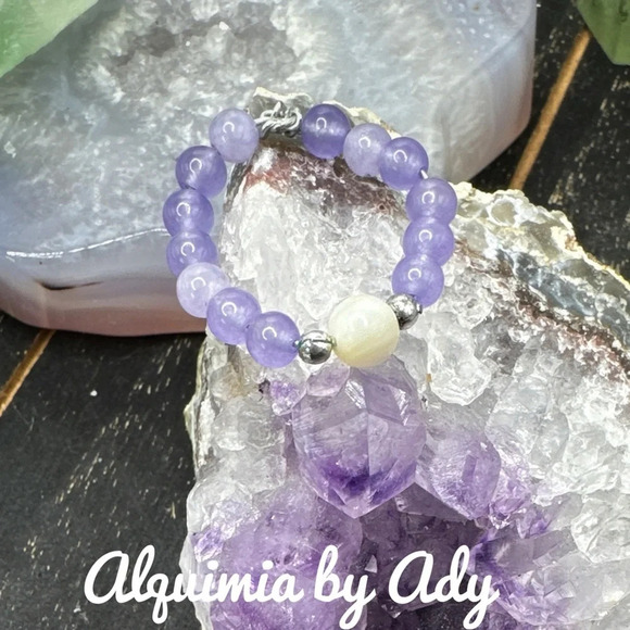 Purple jade beaded bohemian ring band white agate - Picture 1 of 3